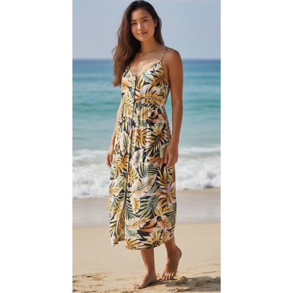 Billabong Tropical Leaf Print Midi Dress in Yellow, Green & Black